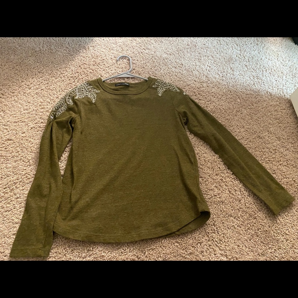 Zara womens long sleeve green knit top with sequined shoulders